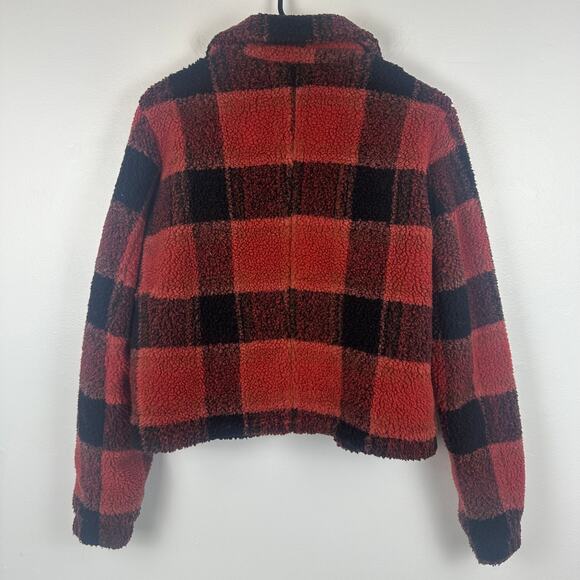 Noisy May Womens Full-Zip Sherpa Buffalo Plaid Orange/Black Trucker Jacket XS - Picture 2 of 11